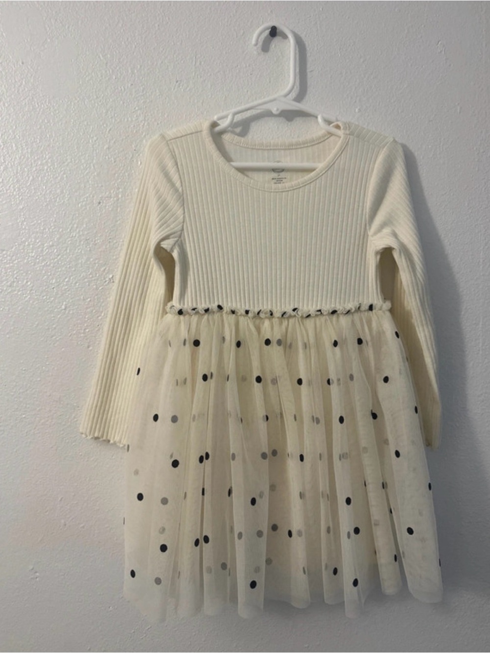 Cream Polka Dot Tulle Dress for Girls - Long Sleeve Casual